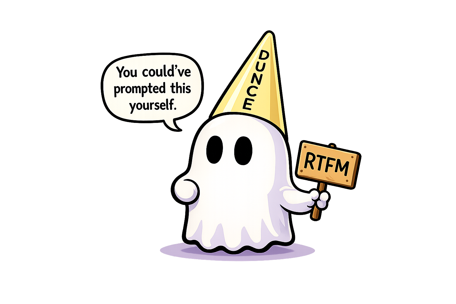 LMKTFY ghost mascot wearing a dunce cap, holding an RTFM sign, with a speech bubble saying you could have prompted this yourself